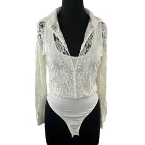 VINTAGE Anxiety Ivory Floral Lace Snap Up Long Sleeve Blouse Bodysuit Top VTG M